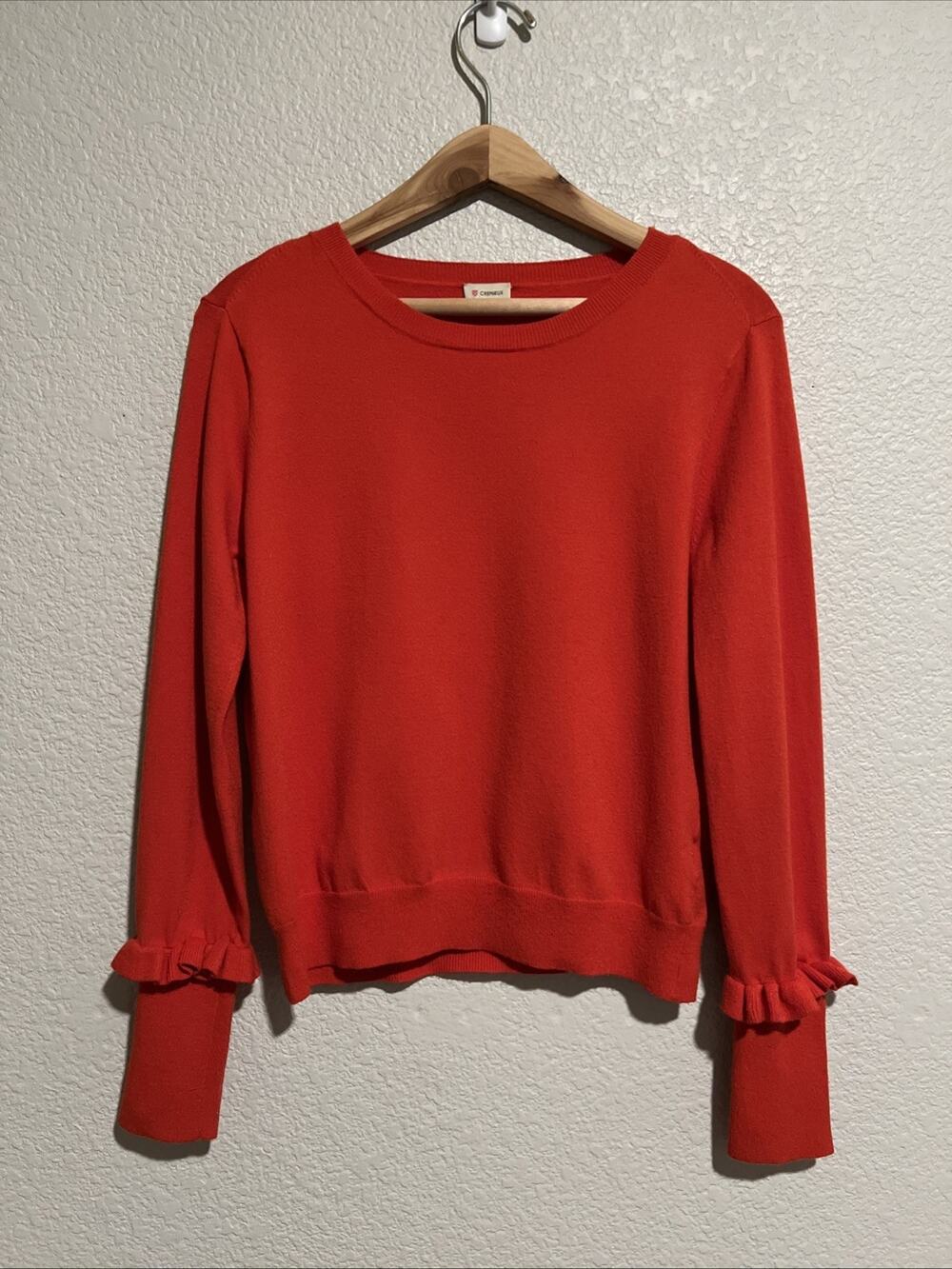 Cremieux Sweater Top Cottage Trad Wife Preppy Feminine Ruffle Orange Academia M